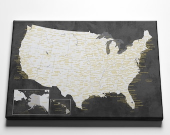 Personalized Push Pin US Travel Map, Grungy Grey Anniversary Gift