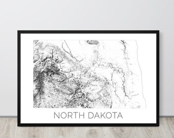 Topografisk karta över North Dakota, minimalistiskt bergstryck