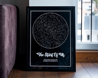 May include: A black framed print with a white star map and the text "The Start Of Us" with the date "12.2.16. 5pm, Columbus, WI" and coordinates "43.333215° N 89.020776° W".