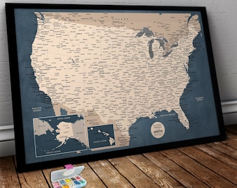 Custom United States Push Pin Map - Grey and Blue USA Map - Travel Adventure Awaits - Personalized Map - Anniversary Gift - US Travel Board