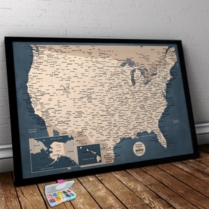 Custom United States Push Pin Map - Grey and Blue USA Map - Travel Adventure Awaits - Personalized Map - Anniversary Gift - US Travel Board