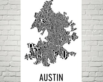 Austin Texas, Typography, Neighborhood Map, City Print, Austin Wall Art, Austin Art Poster, Gifts, Map of Austin, Austin TX, Austin Texas