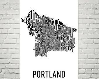 Portland Typography Neighborhood Map Art City Print, Portland Wall Art, Portland Art Poster, Gifts, Map of Portland, Portland OR, Oregon Art