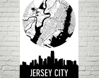 Jersey City Skyline Map Art Print: NJ Canvas Poster