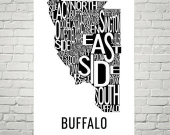Buffalo Typography Neighborhood Map Art City Print, Buffalo Wall Art, Buffalo Art Poster, Gift, Map of Buffalo, Buffalo NY, Upstate New York