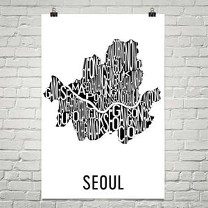 Ville de Séoul typographie quartier carte Art Print, Art mural de Séoul, Séoul affiche d’Art, cadeaux, carte de Séoul, Séoul, Corée du Sud carte Art