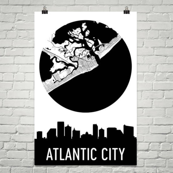 Atlantic City Skyline, Atlantic City Map, Atlantic City Skyline Art, Atlantic City Canvas, Atlantic City Map, Atlantic City NJ, New Jersey