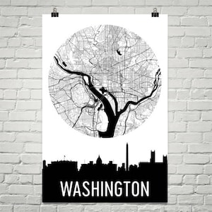 Washington DC Skyline, District of Columbia kaart, Washington DC Skyline Art, Washington Canvas Art, Washington City kaart, Washington DC, afdrukken