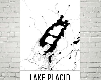 Impresión de mapa de Lake Placid: Arte mural de cabañas Adirondack