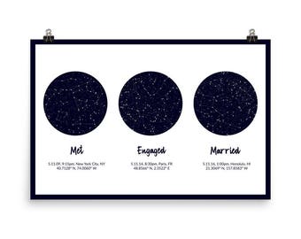 May include: A framed print featuring three dark blue celestial maps in circular designs. The text below each map reads "Met," "Engaged," and "Married," along with dates, times, and locations: New York City, Paris, and Honolulu.