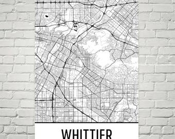 Whittier CA Map Print, Modern City Street Art Poster