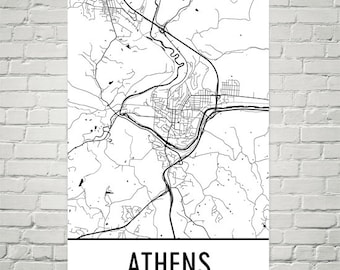 Stampa artistica della mappa di Athens, Ohio: poster di una strada cittadina moderna