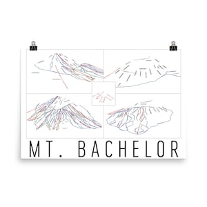 May include: A black and white line art print of a ski resort map for Mt. Bachelor. The map shows the different ski runs and lifts at the resort.