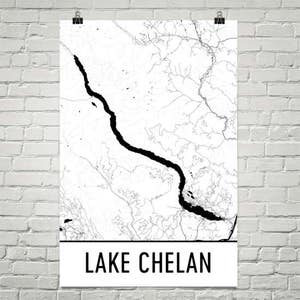 Lake Chelan Washington, Lake Chelan WA, kaart van Washington, Washington-decor, kaart van het meer, Chelan-meer kunst, kunst, cottage-decor, Chelan WA
