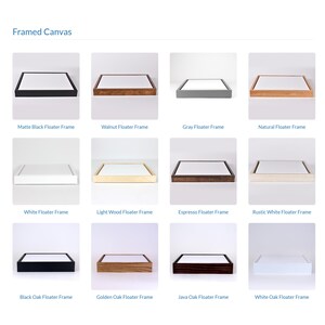 May include: A collection of twelve square framed canvases featuring various floater frame styles including matte black, walnut, gray, natural, white, light wood, espresso, rustic white, black oak, golden oak, java oak, and white oak finishes.