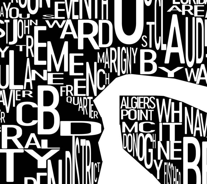 Peut inclure: Impression d'art de mots en noir et blanc mettant en sc&egrave;ne les noms des quartiers de la Nouvelle-Orl&eacute;ans, en Louisiane. Les mots sont dispos&eacute;s dans un design fluide et abstrait, cr&eacute;ant une repr&eacute;sentation unique et artistique de la ville.