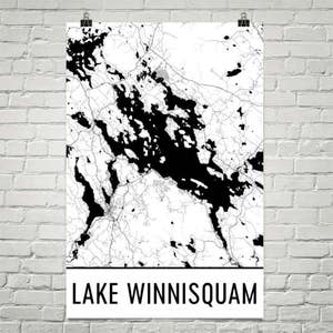 Lake Winnisquam New Hampshire, Lake Winnisquam NH, New Hampshire Art, New Hampshire Map, Lake Map, Winnisquam NH Lake, Lake House Decor