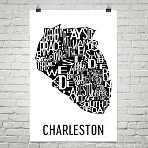 Impression Charleston typographie quartier carte ville d’Art, Art mural Charleston, affiche d’Art de Charleston, cadeau, carte de Charleston, œuvre d’art, impression
