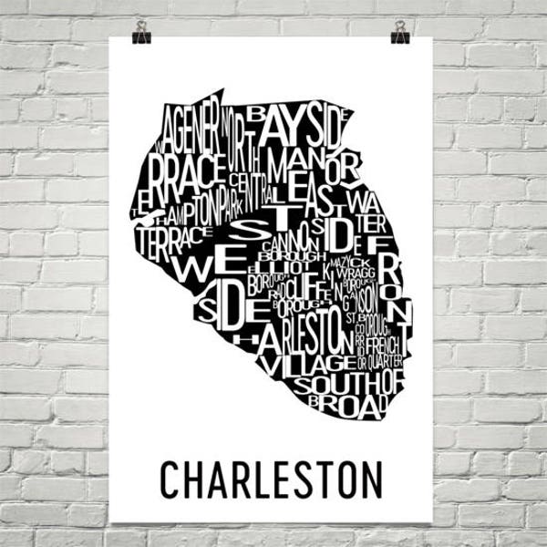 Charleston Typography Neighborhood Map Art City Print, Charleston Wall Art, Charleston Art Poster, Gift, Map of Charleston, Artwork, Print