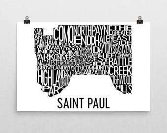 Saint Paul Typography Neighborhood Map Art City Print, St. Paul Wall Art, Saint Paul Poster, Map of Saint Paul, Saint Paul MN, Minnesota