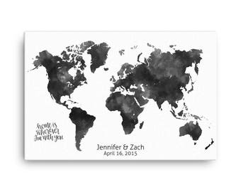Personalized World Map Wedding Guest Book, Watercolor Canvas or Poster