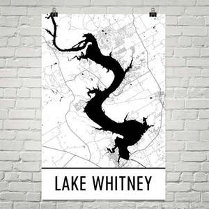 Lake Whitney Texas, lago Whitney TX, Texas decoración de arte, Texas, mapa de lago, Whitney TX lago, Casa Decor, Texas mapa, Texas Texas, imprimir pared