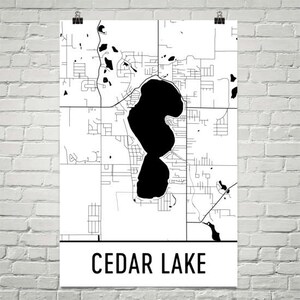 Cedar Lake Indiana, Cedar Lake IN, Cedar Lake Map, Indiana Map, Indiana House Decor, Lake Map, Cedar Lake Fishing, Boating, Lake House Art