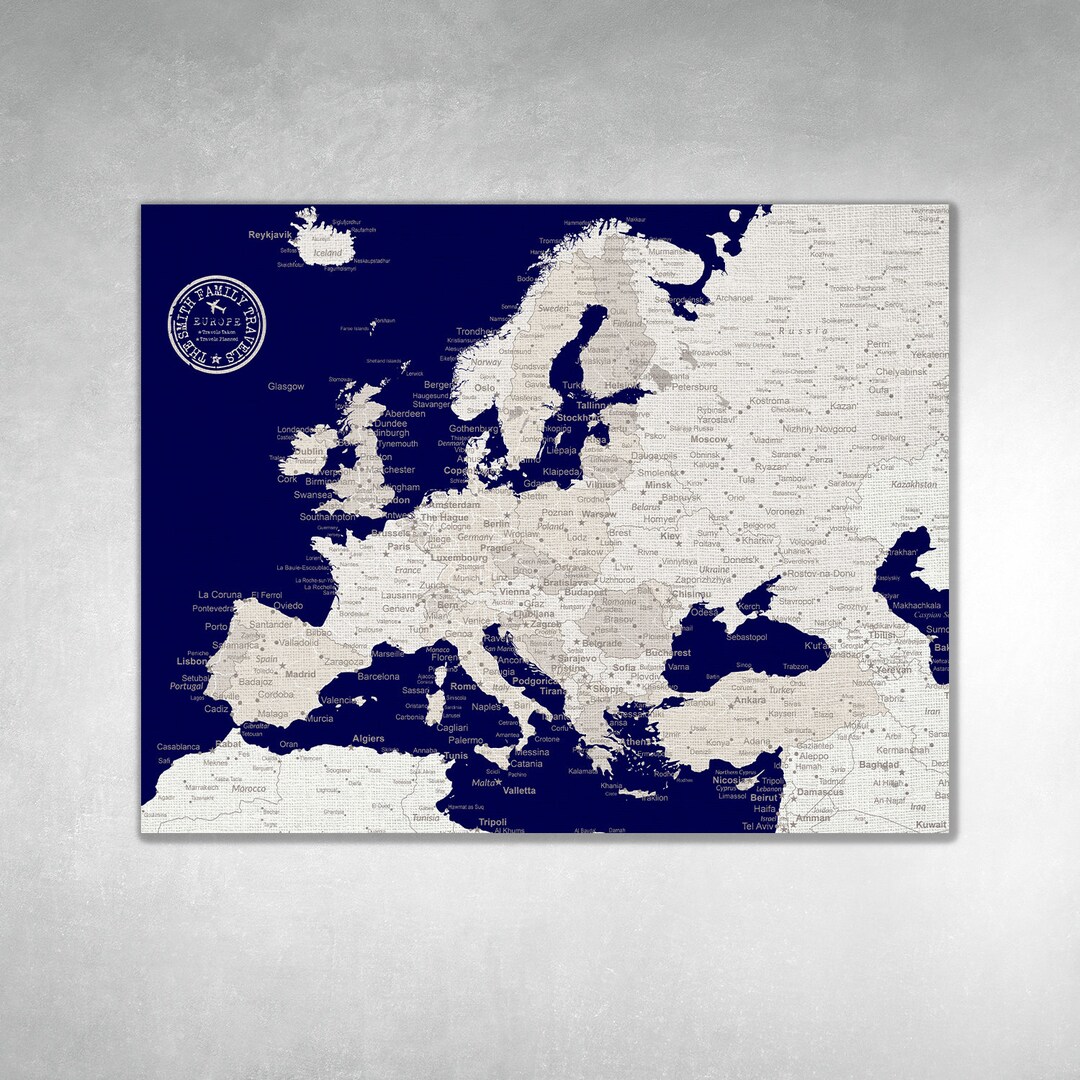 Personalized Europe Travel Map: Navy Blue Push Pin Map With Cities - Etsy