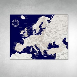 Europa Karte Marineblau, Europa Karte, Personalisierte Karte von Europa, Europa Karte mit Städten, Beschriftete Karte Von Europa, Pins