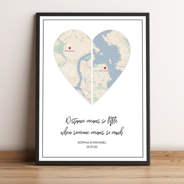 Long Distance Relationship Gift, LDR Gift For Him, Long Distance Friendship, Moving Away Gift, Best Friend Gift, Far Away Gift, Heart Map