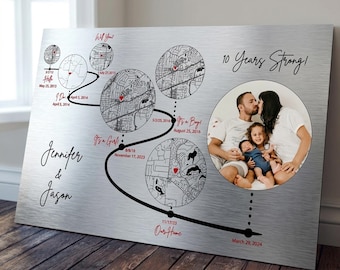 Custom Photo Map Timeline - 10th Anniversary Aluminum Gift - 10 Year Marriage Journey - Personalized Metal Map Art with Photo - Our Story
