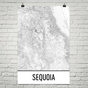 May include: A black and white topographical map print of Sequoia National Park. The print features detailed contour lines and shaded relief, with the word "SEQUOIA" in bold, black letters at the bottom. The map is displayed on a white background.
