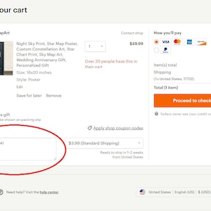 May include: A digital print of a star map poster, showing the night sky with constellations. The poster is 16x20 inches and is available as a personalized gift. The image shows a preview of the poster, along with the option to add notes to the order.