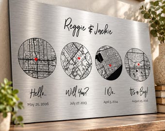 Personalized 10th Anniversary Gift: Aluminum Map Timeline for Couples