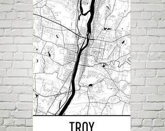 Impresión artística del mapa de Troy, NY: mapa moderno de las calles de la ciudad