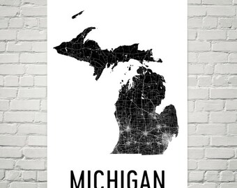 Impressão artística do mapa de Michigan: pôster de mapa de rua moderno