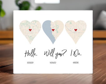 Three Heart Map, Relationship Dates, Important Dates, Wedding Art, Wedding Gift, For Bride, For Groom, For Couple, City Map