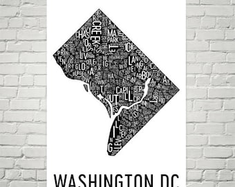 Washington DC Typography Neighborhood Map Art City Print, Washington DC Wall Art, District of Colombia Art Poster, Gift, Map of Washington