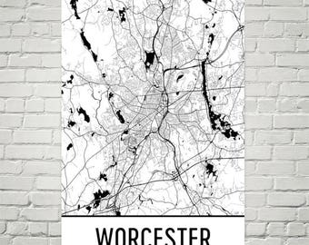 Worcester MA Street Map Art Print, Modern Home Decor