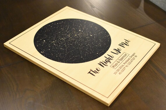 54 favorites don't lie — this wood-printed 5-year anniversary star map has clearly earned repeat gifter trust, and the warm wood grain gives it a tactile quality flat prints can't match.