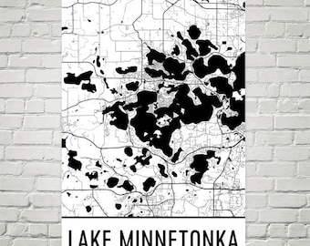 Mapa jeziora Minnetonka, wydruk artystyczny, wystrój domku w Minnesocie