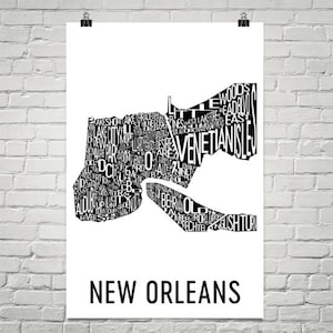 New Orleans typographie quartier carte ville d’Art Print, Art mural de la Nouvelle-Orléans, la Nouvelle-Orléans affiche d’Art, cadeau, carte de la Nouvelle Orléans, œuvres d’art