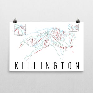 May include: A white poster featuring a map of Killington ski resort. The map shows ski runs in red and green, with inset maps at the top. The word "KILLINGTON" is printed in large, black, sans-serif font at the bottom.