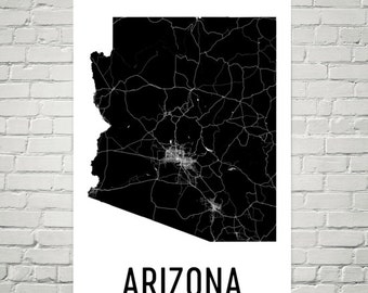 Arizona Map Art Print: Modern State Road Map, USA Made