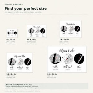 May include: A size comparison chart for custom map prints featuring the names Alyssa & John. The prints display three circular maps with red heart markers and the text Hello, Will You, and I Do with dates. Sizes include 8x10, 12x18, 16x20, 18x24, and 24x36 inches.