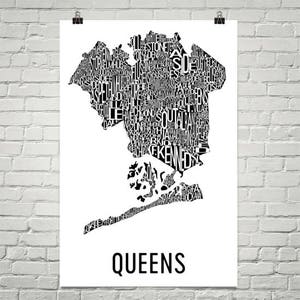 Queens typografie wijk kaart kunststad Print, Queens kunst aan de muur, Queens Art Poster, geschenk, kaart van Queens, NY Queens, Queens Borough
