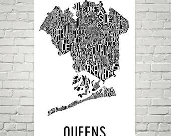 Queens Typography Neighborhood Map Art City Print, Queens Wall Art, Queens Art Poster, Gift, Map of Queens, Queens NY, Queens Borough