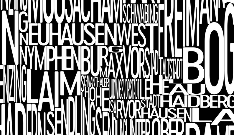 May include: Black and white word cloud with the names of different neighborhoods in Munich, Germany. The words are arranged in a random pattern and overlap each other. Some of the words include "Schwabing", "Nymphenburg", "Maxvorstadt", "Altstadt", and "Haidhausen".