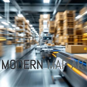 Puede incluir: Una caja de cartón marrón se mueve a lo largo de una cinta transportadora en un almacén. La caja se transporta a través de una gran instalación industrial con estanterías apiladas con cajas. El texto "MODERN MAP ART" es visible en primer plano.