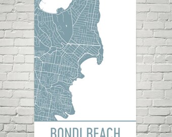 Impresión del mapa de Bondi Beach, Sídney, Australia, arte mural moderno